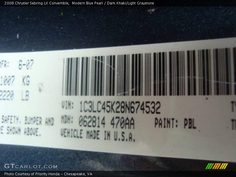 Modern Blue Pearl / Dark Khaki/Light Graystone 2008 Chrysler Sebring LX Convertible