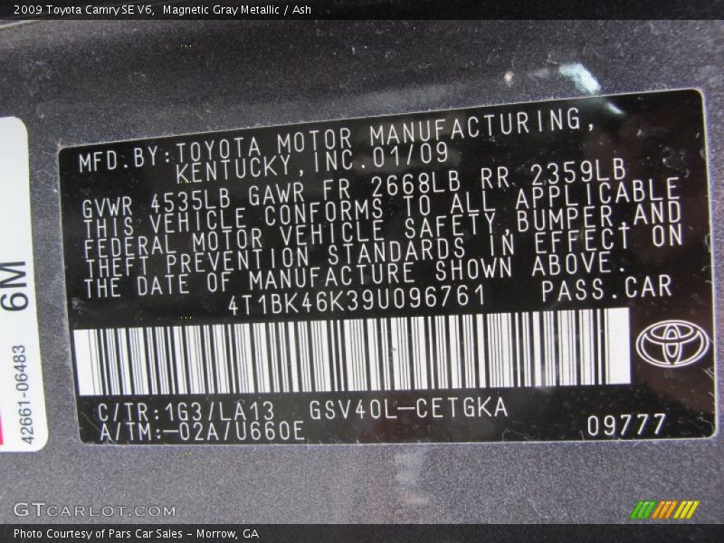 Magnetic Gray Metallic / Ash 2009 Toyota Camry SE V6