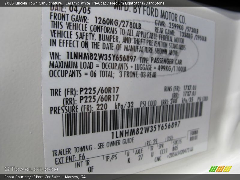 2005 Town Car Signature Ceramic White Tri-Coat Color Code F6