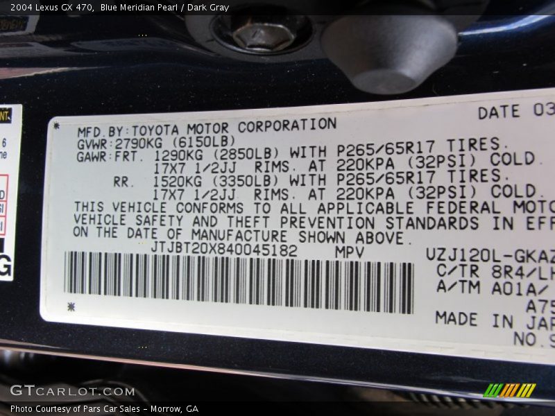 2004 GX 470 Blue Meridian Pearl Color Code 8R4