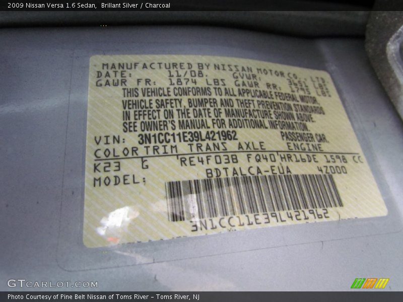 2009 Versa 1.6 Sedan Brillant Silver Color Code K23