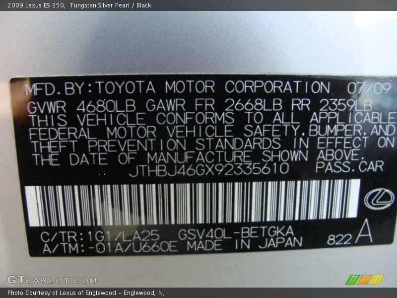 Tungsten Silver Pearl / Black 2009 Lexus ES 350