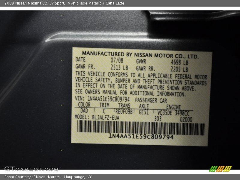 2009 Maxima 3.5 SV Sport Mystic Jade Metallic Color Code DAD