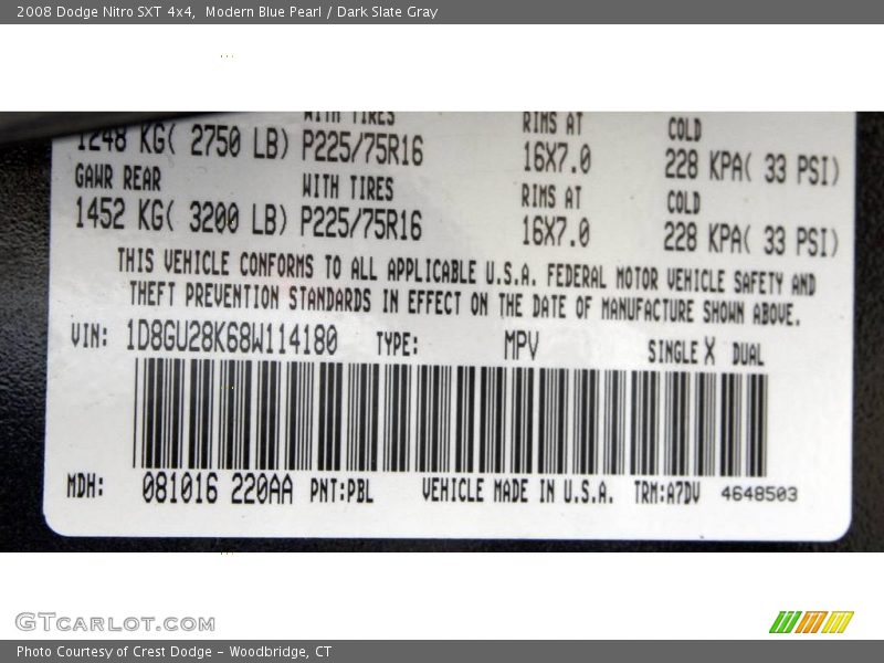 2008 Nitro SXT 4x4 Modern Blue Pearl Color Code PBL