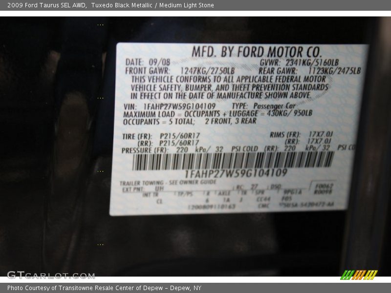 2009 Taurus SEL AWD Tuxedo Black Metallic Color Code UH
