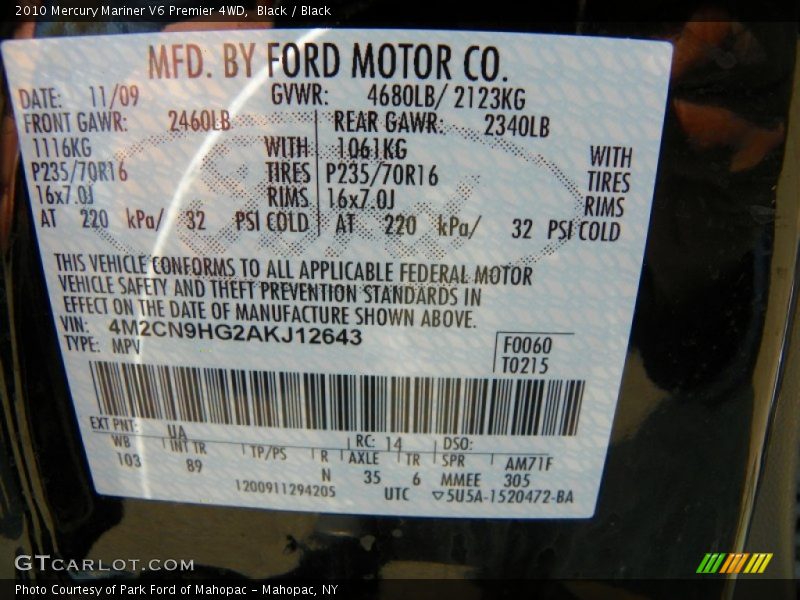Black / Black 2010 Mercury Mariner V6 Premier 4WD