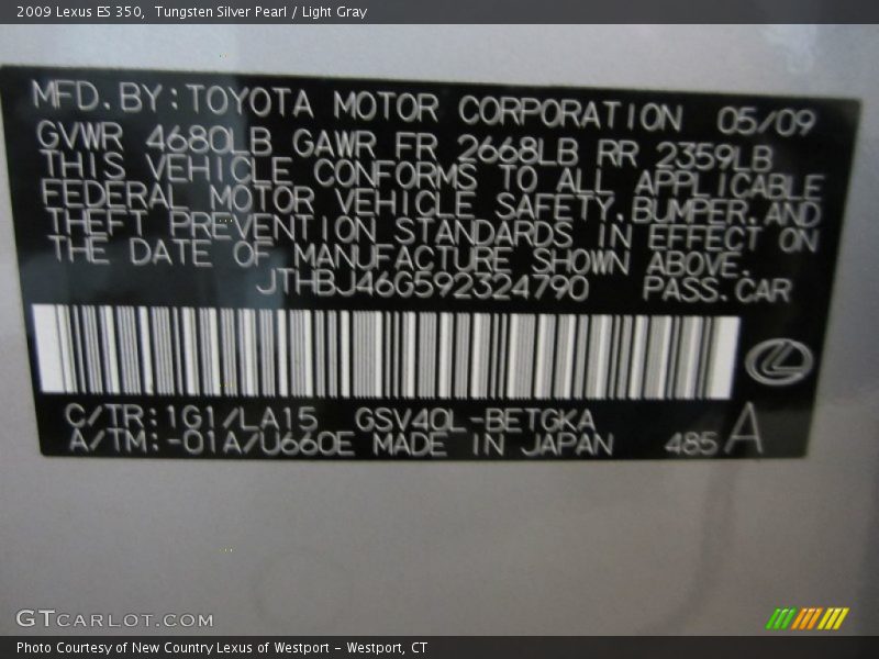 Tungsten Silver Pearl / Light Gray 2009 Lexus ES 350