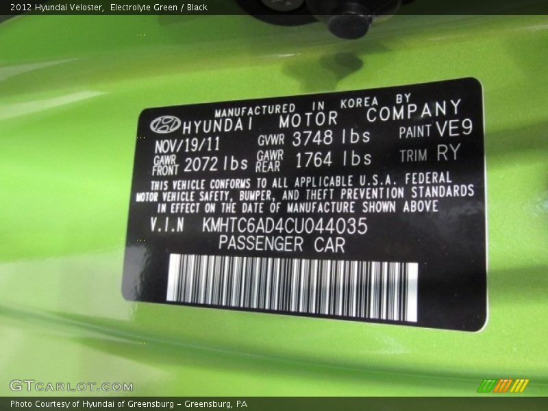 2012 Veloster  Electrolyte Green Color Code VE9