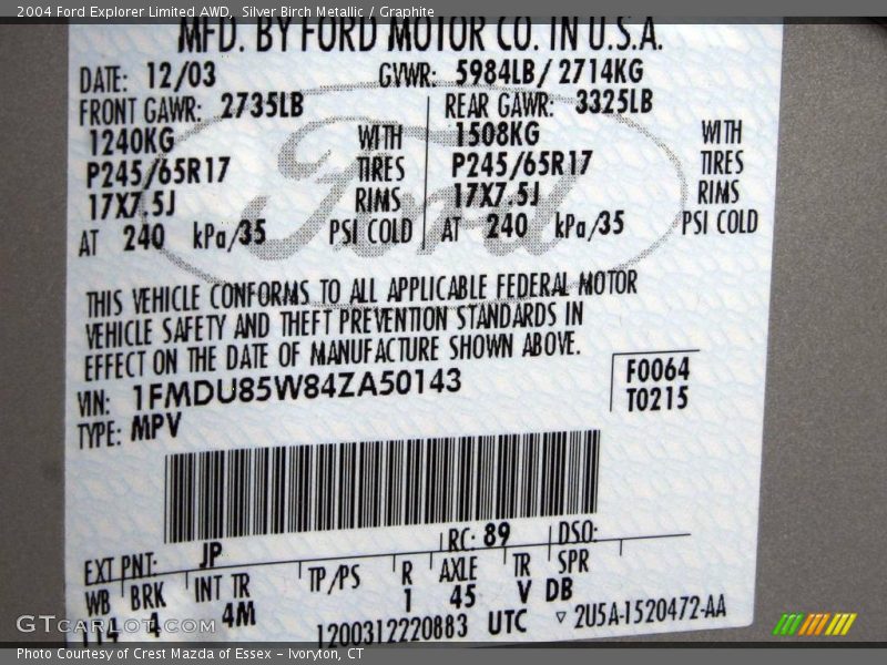 Silver Birch Metallic / Graphite 2004 Ford Explorer Limited AWD