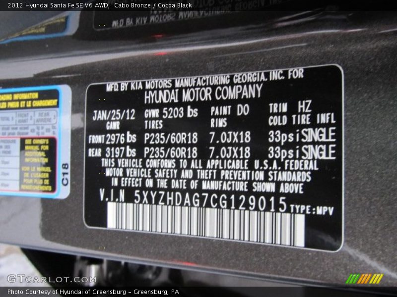 Cabo Bronze / Cocoa Black 2012 Hyundai Santa Fe SE V6 AWD