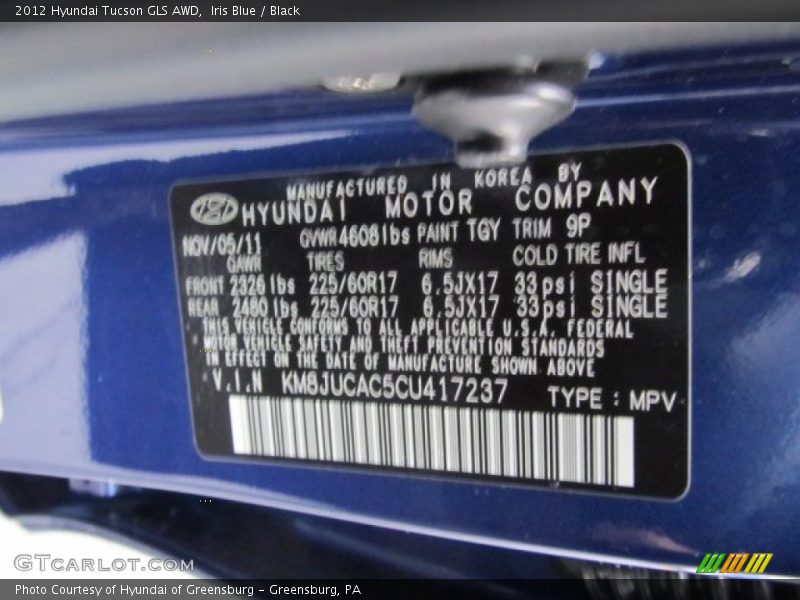 2012 Tucson GLS AWD Iris Blue Color Code TGY