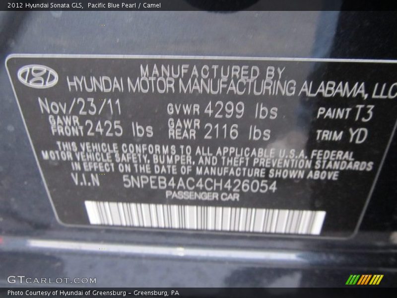 Pacific Blue Pearl / Camel 2012 Hyundai Sonata GLS