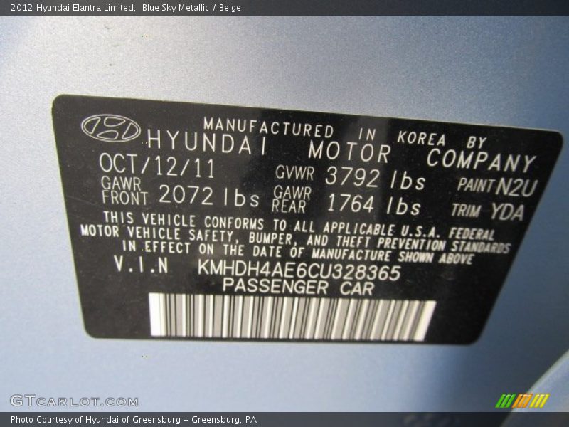 2012 Elantra Limited Blue Sky Metallic Color Code N2U