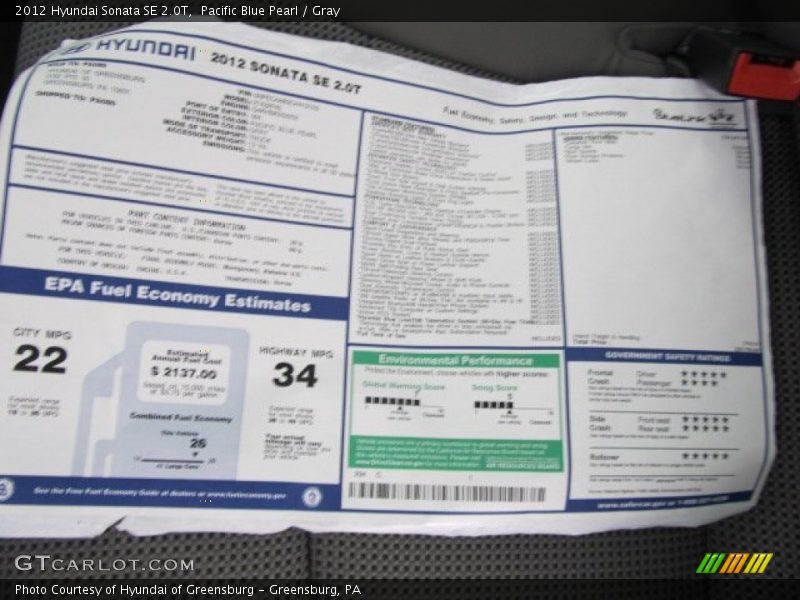 Pacific Blue Pearl / Gray 2012 Hyundai Sonata SE 2.0T