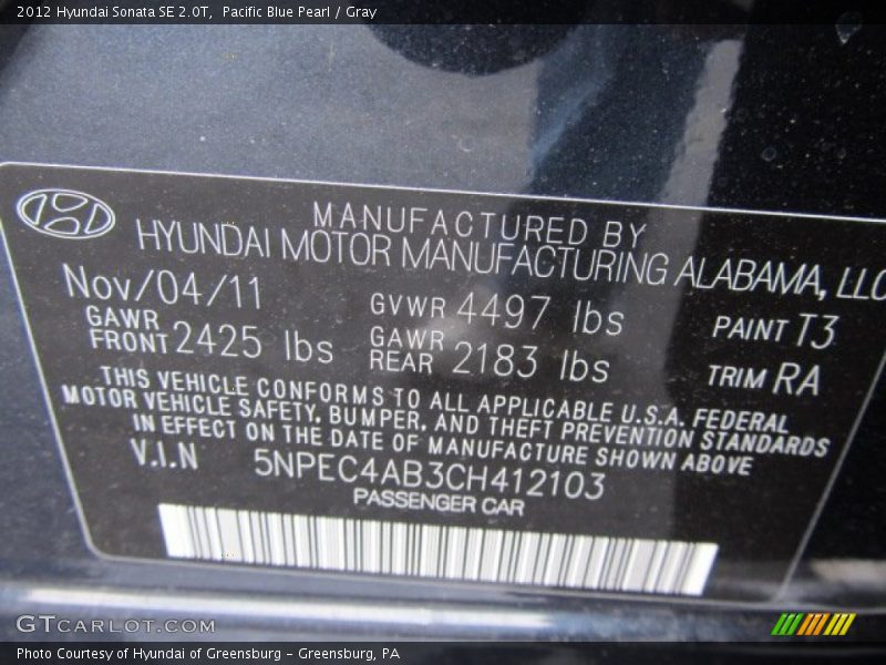 Pacific Blue Pearl / Gray 2012 Hyundai Sonata SE 2.0T