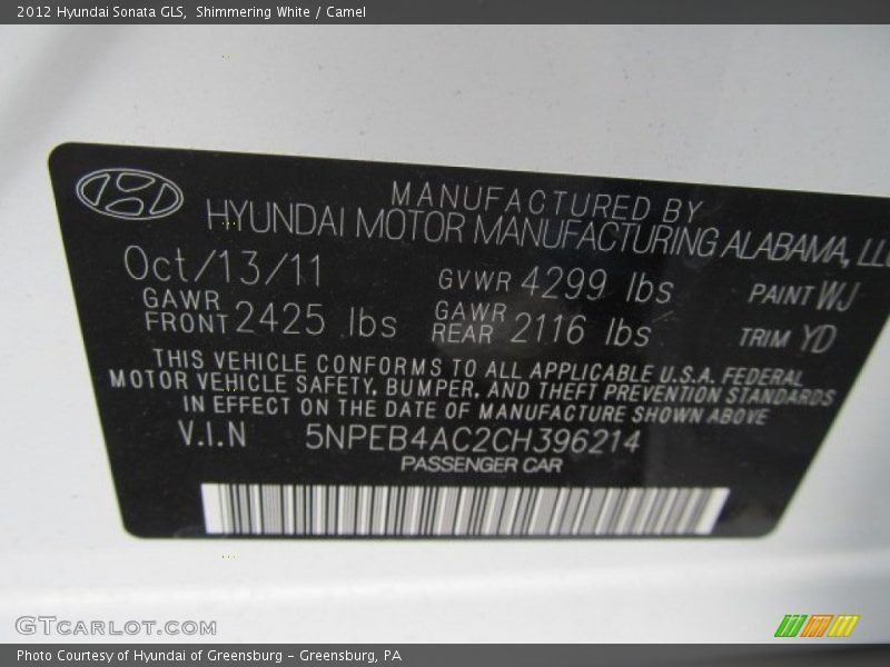 Shimmering White / Camel 2012 Hyundai Sonata GLS