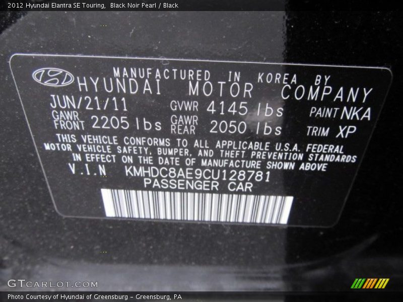 2012 Elantra SE Touring Black Noir Pearl Color Code NKA