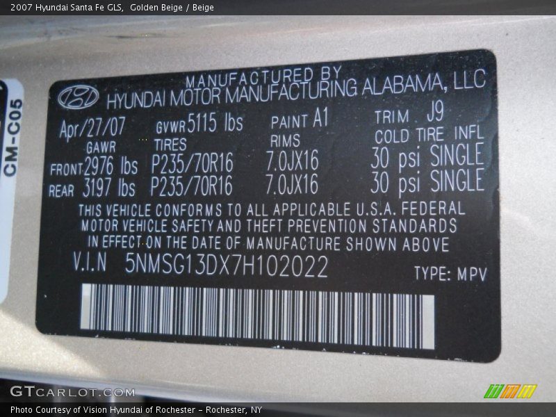 2007 Santa Fe GLS Golden Beige Color Code A1
