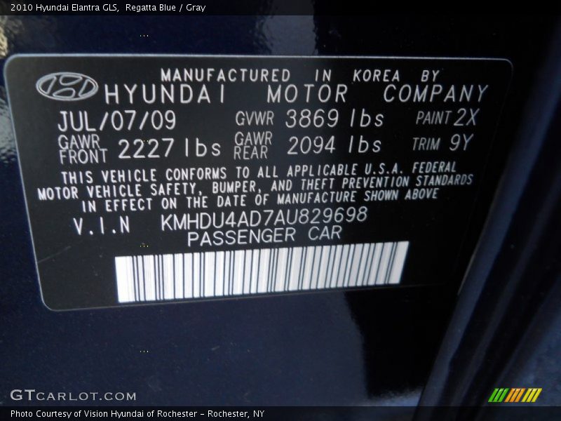 2010 Elantra GLS Regatta Blue Color Code 2X