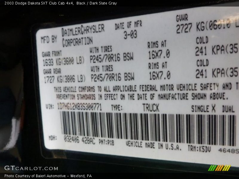 2003 Dakota SXT Club Cab 4x4 Black Color Code PX8