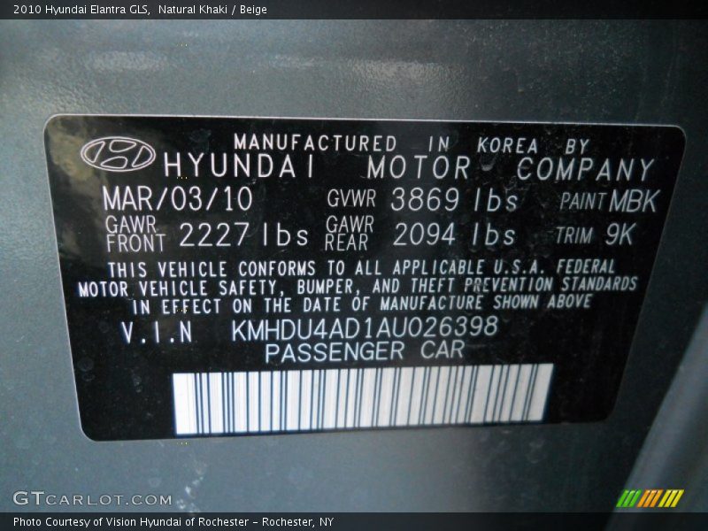 2010 Elantra GLS Natural Khaki Color Code MBK