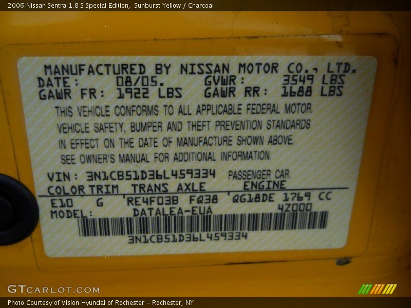 2006 Sentra 1.8 S Special Edition Sunburst Yellow Color Code E10