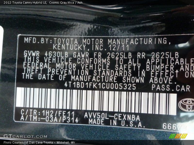 Cosmic Gray Mica / Ash 2012 Toyota Camry Hybrid LE
