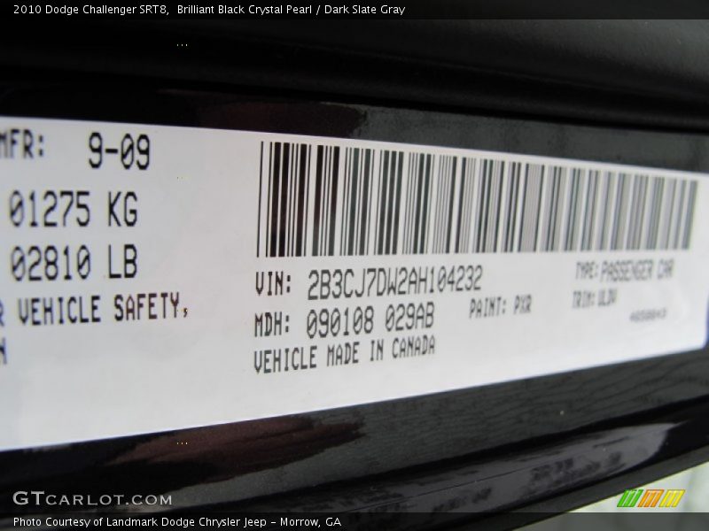 2010 Challenger SRT8 Brilliant Black Crystal Pearl Color Code PXR