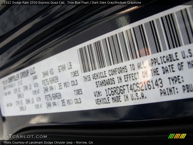 2012 Ram 1500 Express Quad Cab True Blue Pearl Color Code PBU