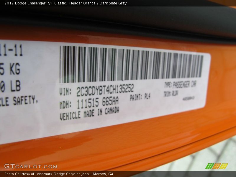 2012 Challenger R/T Classic Header Orange Color Code PL4