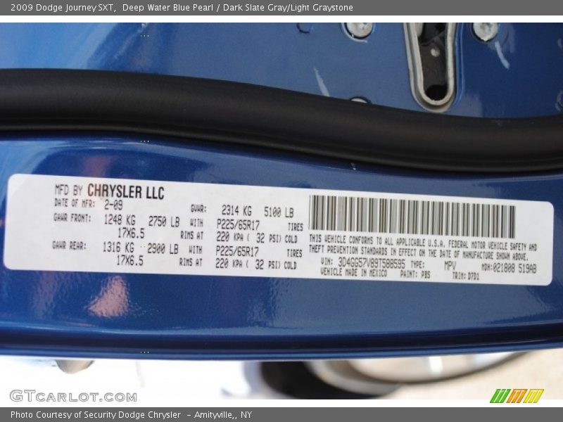 Deep Water Blue Pearl / Dark Slate Gray/Light Graystone 2009 Dodge Journey SXT