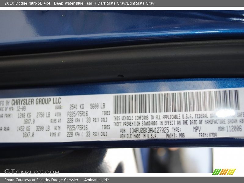 2010 Nitro SE 4x4 Deep Water Blue Pearl Color Code PBS