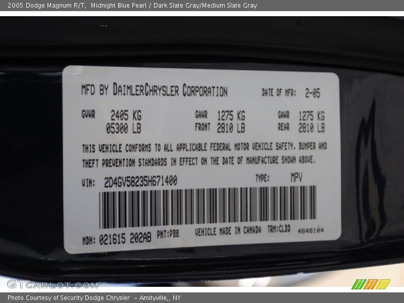 2005 Magnum R/T Midnight Blue Pearl Color Code PB8