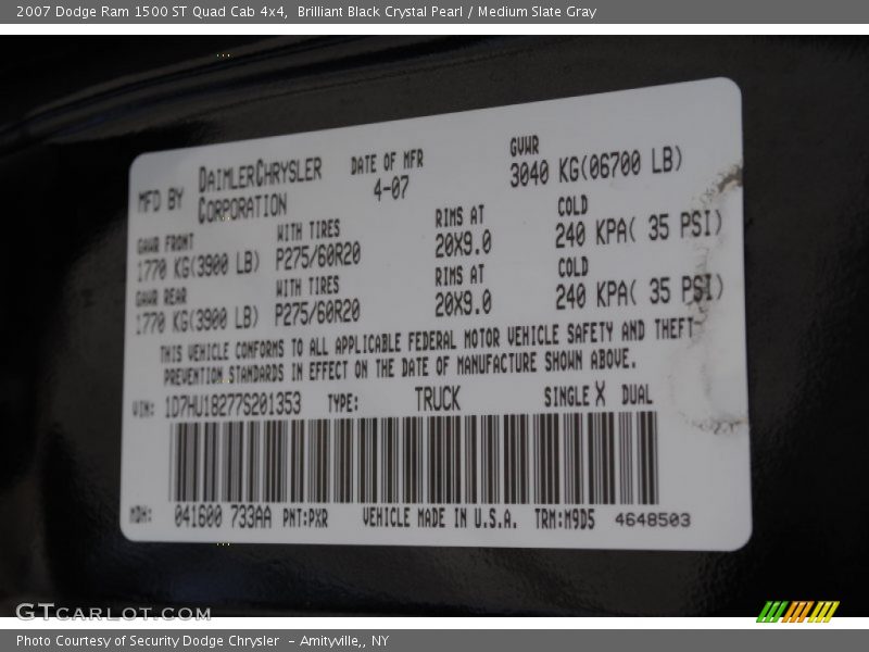 2007 Ram 1500 ST Quad Cab 4x4 Brilliant Black Crystal Pearl Color Code PXR