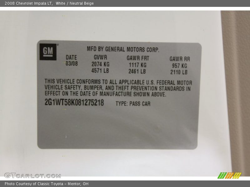 White / Neutral Beige 2008 Chevrolet Impala LT