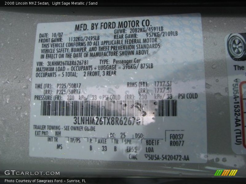 Light Sage Metallic / Sand 2008 Lincoln MKZ Sedan