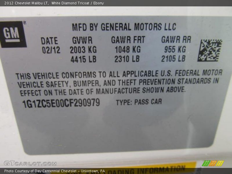 White Diamond Tricoat / Ebony 2012 Chevrolet Malibu LT