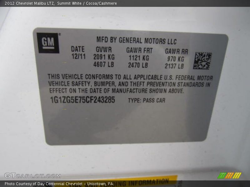 Summit White / Cocoa/Cashmere 2012 Chevrolet Malibu LTZ