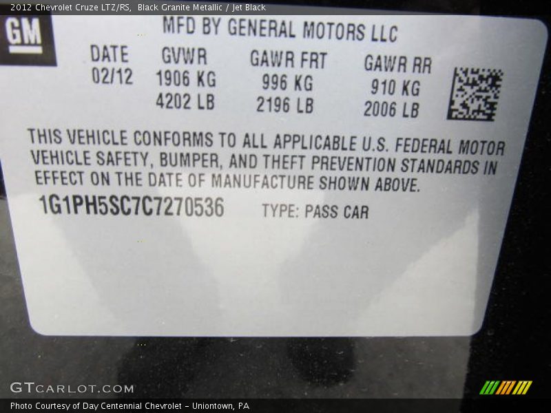 Black Granite Metallic / Jet Black 2012 Chevrolet Cruze LTZ/RS