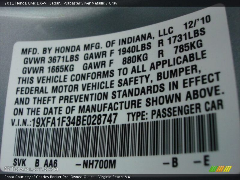 Alabaster Silver Metallic / Gray 2011 Honda Civic DX-VP Sedan