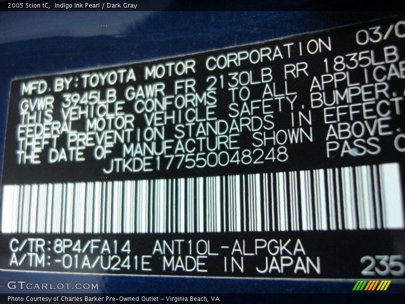 Indigo Ink Pearl / Dark Gray 2005 Scion tC