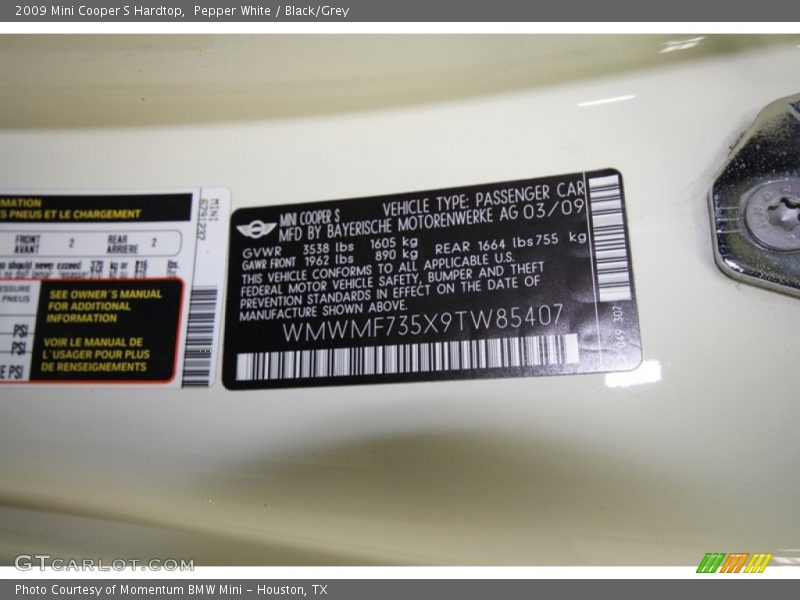 Pepper White / Black/Grey 2009 Mini Cooper S Hardtop