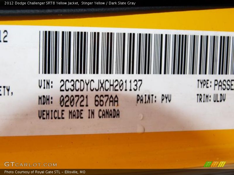 Stinger Yellow / Dark Slate Gray 2012 Dodge Challenger SRT8 Yellow Jacket