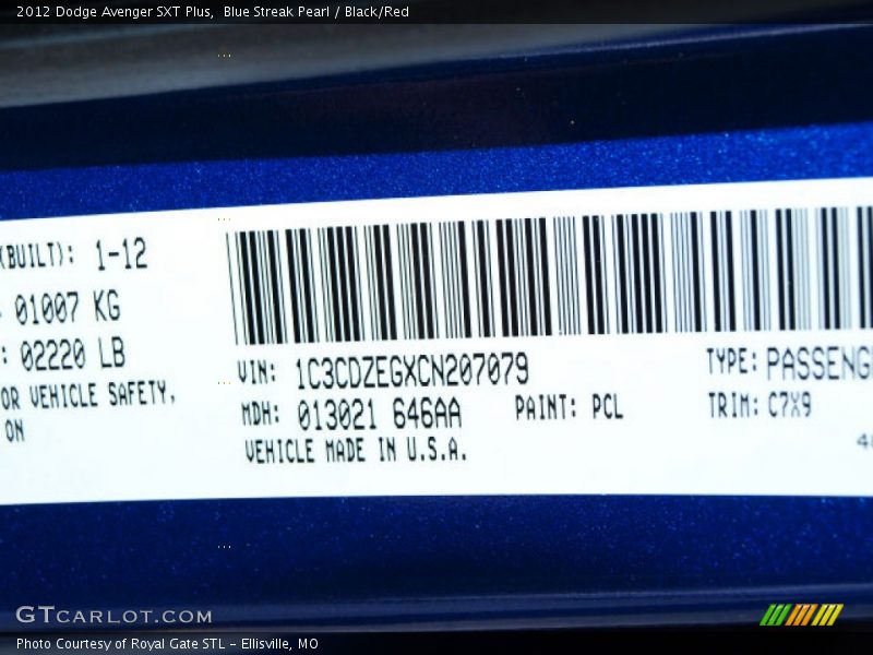 2012 Avenger SXT Plus Blue Streak Pearl Color Code PCL