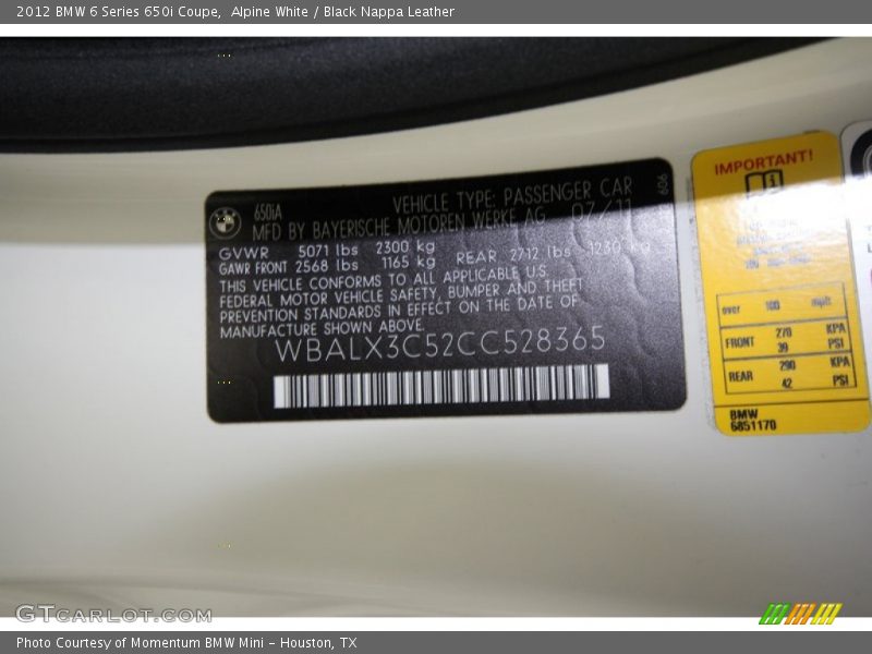 Alpine White / Black Nappa Leather 2012 BMW 6 Series 650i Coupe