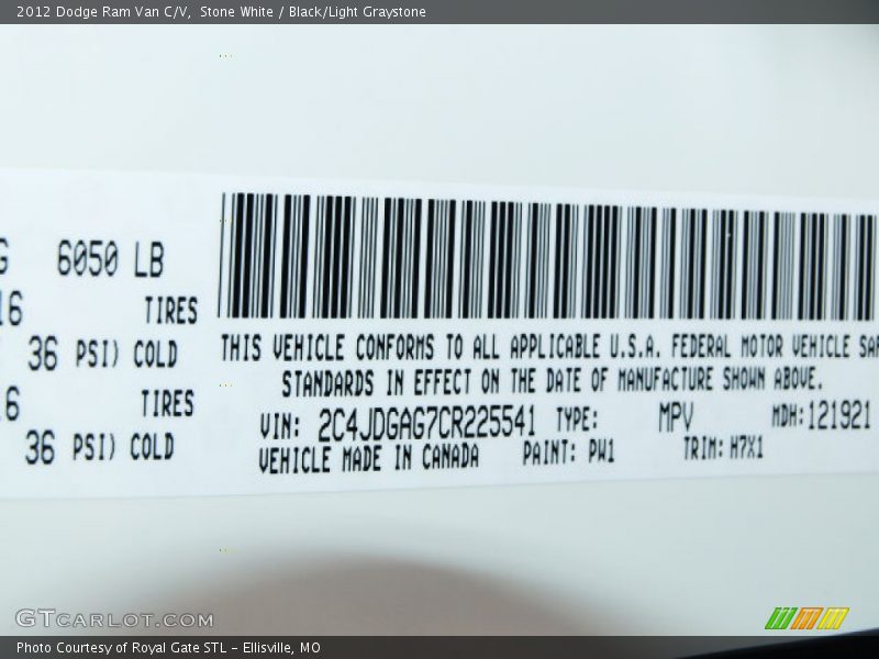 Stone White / Black/Light Graystone 2012 Dodge Ram Van C/V