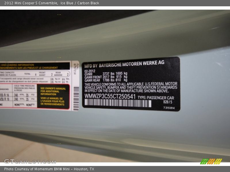 Info Tag of 2012 Cooper S Convertible