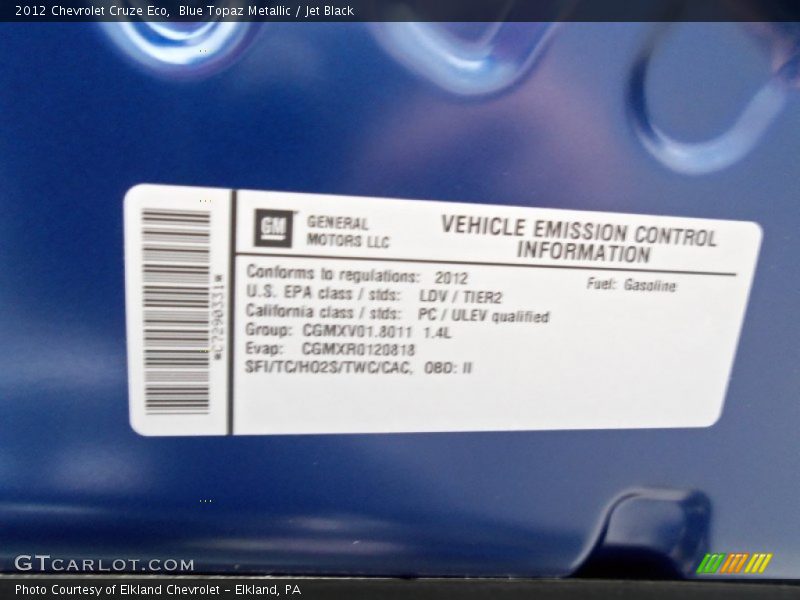 Blue Topaz Metallic / Jet Black 2012 Chevrolet Cruze Eco