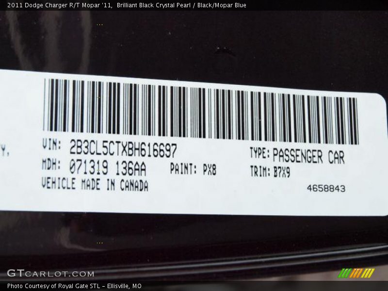 Brilliant Black Crystal Pearl / Black/Mopar Blue 2011 Dodge Charger R/T Mopar '11