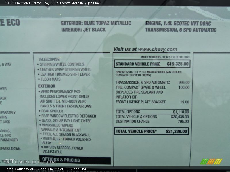 Blue Topaz Metallic / Jet Black 2012 Chevrolet Cruze Eco
